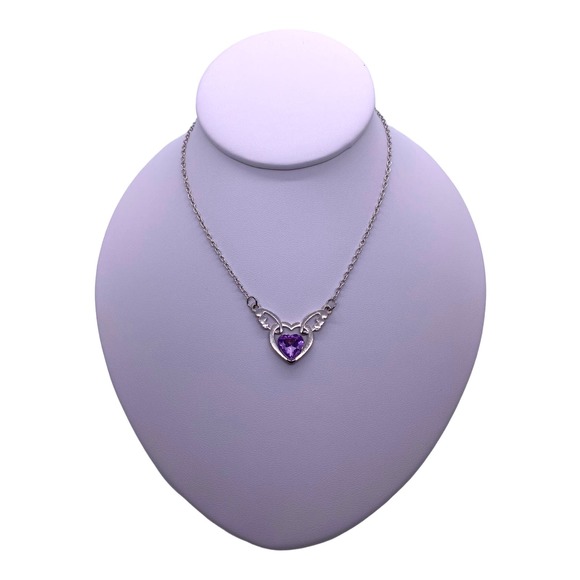 Imitation Purple Amethyst Cubic Zirconia Angel Wings Heart Necklace Gift Box - Picture 7 of 9